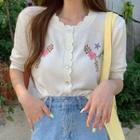 Short-sleeve Flower Embroidered Cardigan Pink Flower - White - One Size