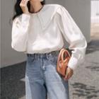 Long-sleeve Embroidered Wide-collar Blouse Off-white - One Size