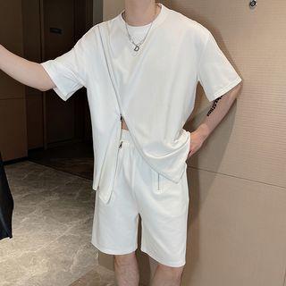 Set: Short-sleeve Asymmetrical Zip-up T-shirt + Drawstring Shorts
