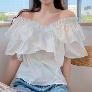 Ruffle Trim Off-shoulder Short-sleeve Blouse