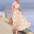 Sleeveless Halter Floral Print Midi A-line Dress