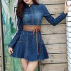 Mock Neck Long Sleeve Denim Dress With Belt