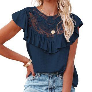 Short-sleeve Lace Panel Ruffle-trim Top