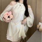 Long-sleeve Cold Shoulder Mini Dress Almond - One Size