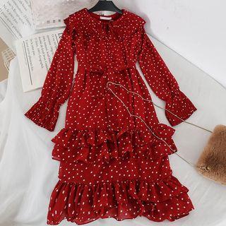 Bell-sleeve Dotted Midi Layered Dress