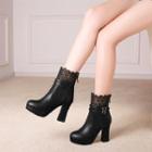 Lace Panel Chunky Heel Short Boots