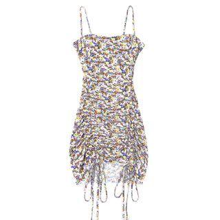 Spaghetti-strap Floral Print Drawstring Mini Sheath Dress