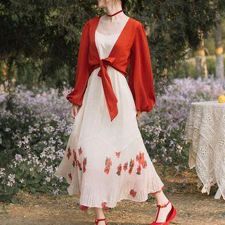 Set: Floral Midi Spaghetti Strap Dress + Lace-up Light Jacket