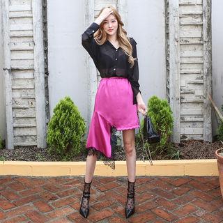 Asymmetric-hem Lace-trim Skirt Purple - One Size
