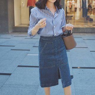Striped Shirt / A-line Denim Skirt / Set