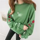 Balloon-sleeve Flower-embroidered Pullover
