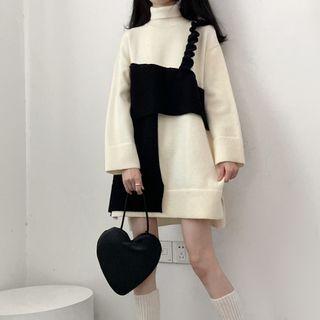 Turtleneck Two-tone Panel Knit Mini A-line Dress