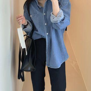 Pocket-front Washed Denim Shirt Blue - One Size
