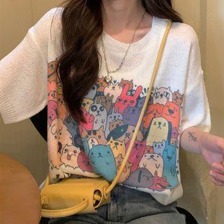 Elbow-sleeve Cartoon Print Knit Top White - One Size