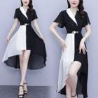 Short-sleeve Collar Double-breasted Asymmetrical A-line Dress