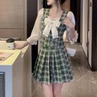 Set: Plaid Mock Two Piece Blouse + Pleated Skirt