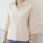 Open-placket 3/4-sleeve Knit Polo Shirt