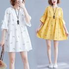 3/4-sleeve Frill Trim Floral A-line Mini Dress