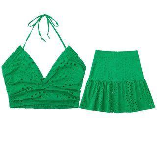 Perforated Halter Crop Top / High Waist A-line Mini Skirt