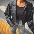 Dual-pocket Snap-button Cropped Pleather Jacket