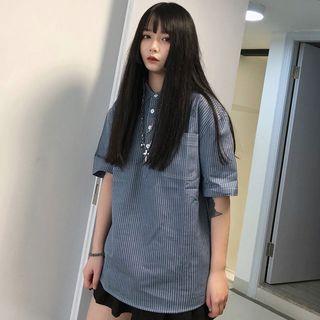 Striped Denim Short-sleeve Blouse Denim Blue - One Size