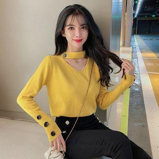 Long-sleeve Button Accent Cutout Knit Top