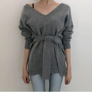 Plain Tie-waist Sweater