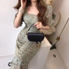 Puff-sleeve Square Neck Floral Slim Fit Dress