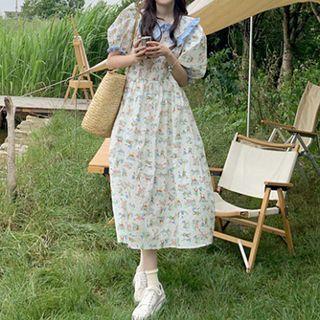 Short-sleeve Cartoon Print Midi A-line Dress