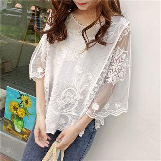 Floral Embroidered Top White - One Size
