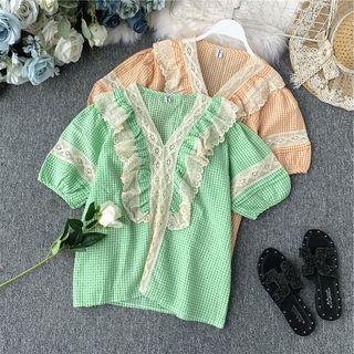 Lace-hem Short-sleeve Plaid Blouse