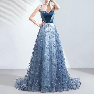 Sequined Rhinestone Spaghetti Strap A-line Evening Gown