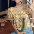Short-sleeve Floral Print Crop Top Floral - Yellow - One Size