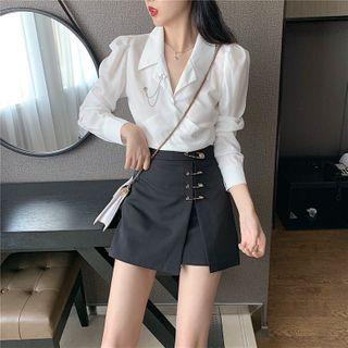 V-neck Blouse / Pin Detail Mini A-line Skirt