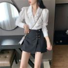 V-neck Blouse / Pin Detail Mini A-line Skirt