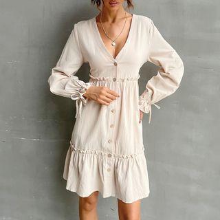 Plain V-neck Long Sleeve Button-through Dress