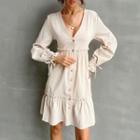 Plain V-neck Long Sleeve Button-through Dress