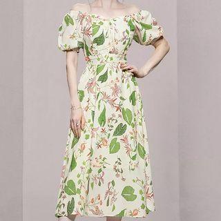 Short-sleeve Off-shoulder Leaf Print Midi A-line Dress