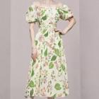 Short-sleeve Off-shoulder Leaf Print Midi A-line Dress