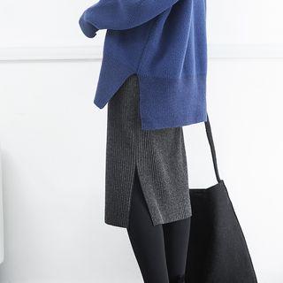 Slit-side Rib-knit Midi Skirt