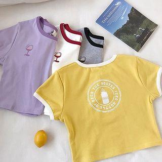 Color-block Lettering Printed Slim-fit Short-sleeve Top