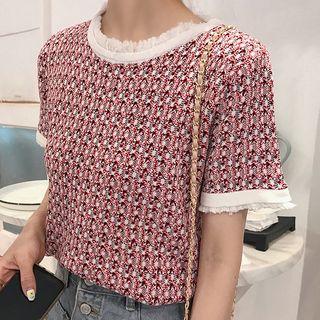 Contrast Trim Short-sleeve Knit Top Red - One Size