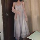 Long-sleeve Plain Light Cardigan / Sleeveless Glitter Dress