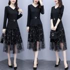 Long-sleeve Floral Mesh V-neck A-line Midi Dress
