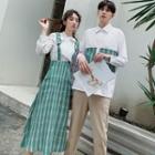Couple-matching Long-sleeve Plaid Shirt / Lace Blouse / Midi A-line Suspender Skirt / Set