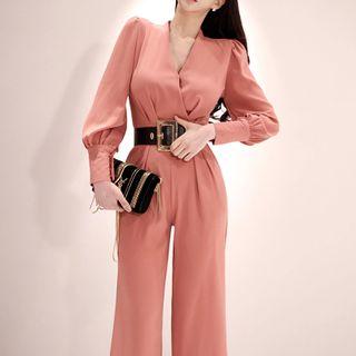 V-neck Long-sleeve Wide Leg Jumpsuit
