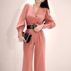 V-neck Long-sleeve Wide Leg Jumpsuit