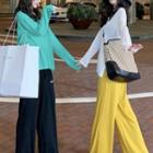 Plain Crewneck Long-sleeve Light Top / Lettering Print High-waist Pants