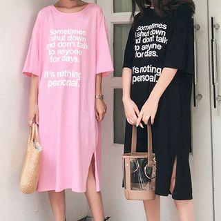 Lettering Bow Accent Back Elbow Sleeve Midi T-shirt Dress