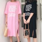Lettering Bow Accent Back Elbow Sleeve Midi T-shirt Dress